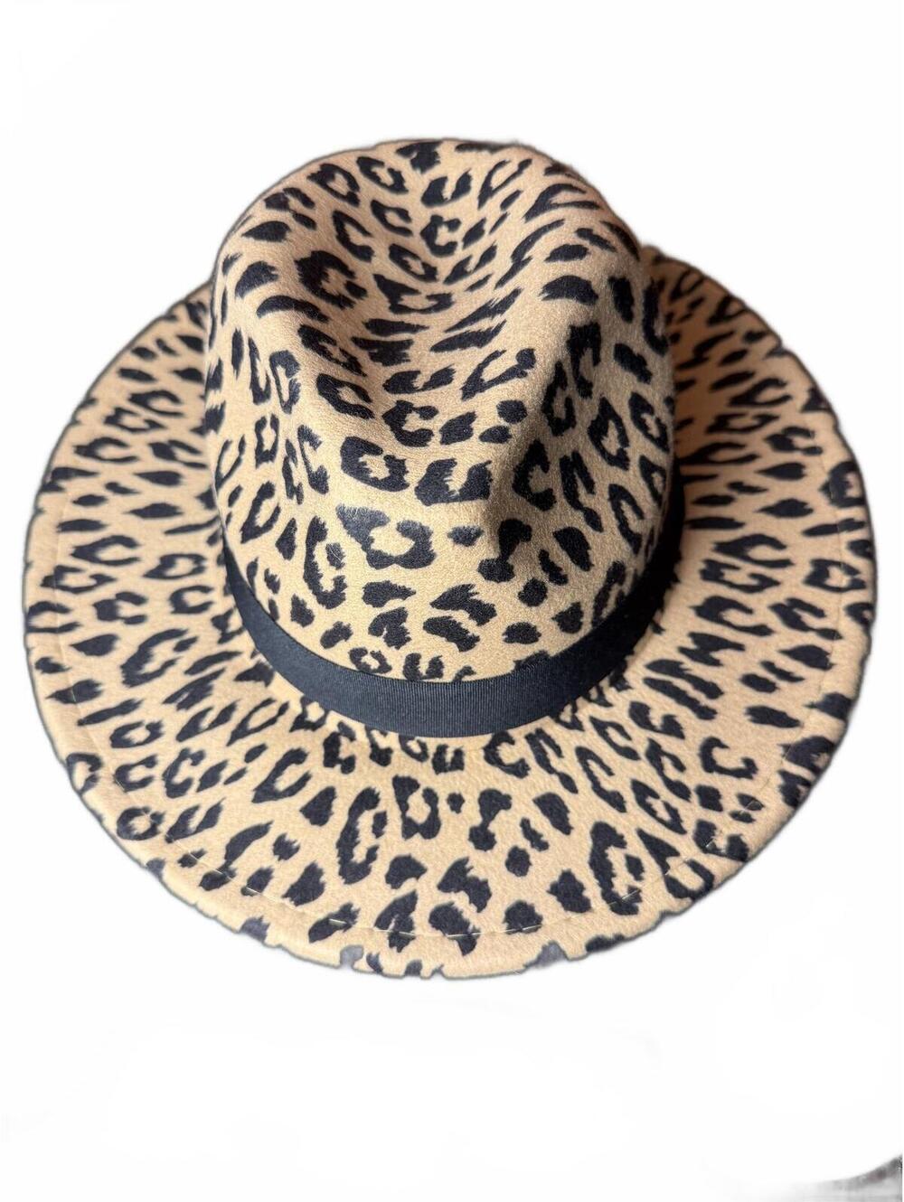 Leopard Print Wide Brim Fedora Hat with Black Band